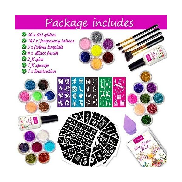 Holady Kit de tatouages à paillettes avec 30 tubes à paillettes et 145 pochoirs et 5 pochoirs de couleur, 4 brosses et 2 styl