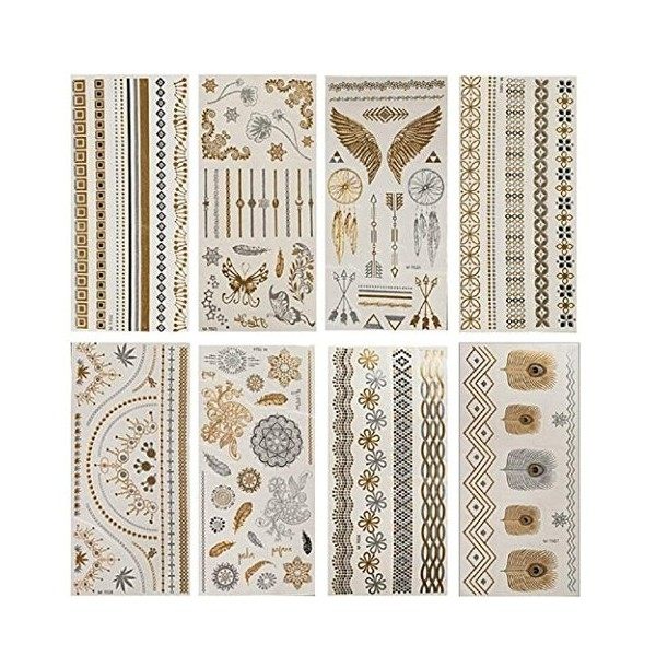 NOVAGO Pack de 8 Planches de 21x10 cm de Tatouages éphémères métalliques brillants doré et argenté , motifs variés Brillant