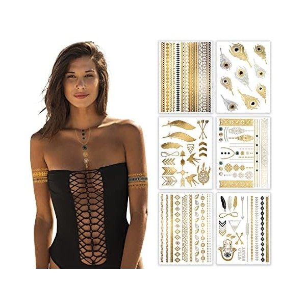 Premium Metallic Tattoos - 75+ Shimmer Designs in Gold, Silver, Black & Turquoise - Temporary Fake Jewelry Tattoos - Bracelet