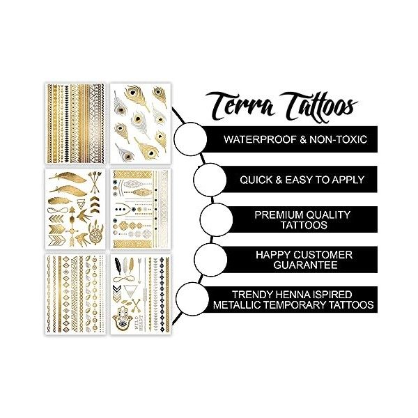Premium Metallic Tattoos - 75+ Shimmer Designs in Gold, Silver, Black & Turquoise - Temporary Fake Jewelry Tattoos - Bracelet