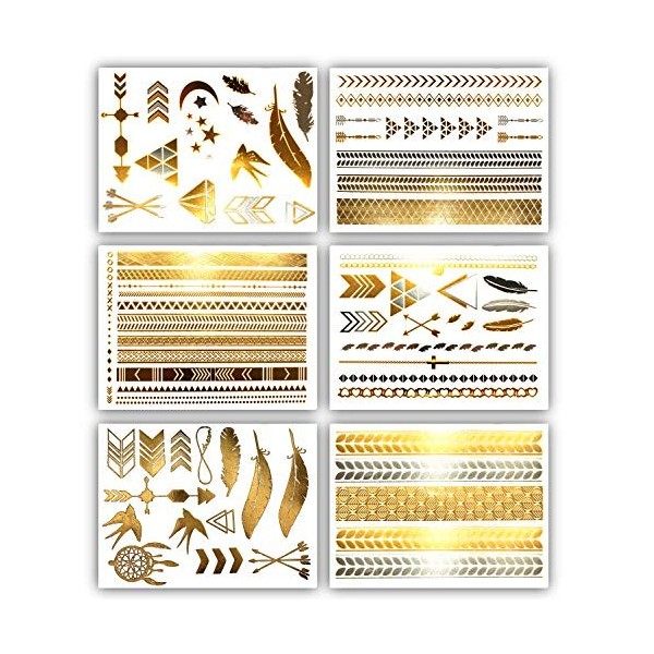 Terra Tattoos Temporary Hair Tattoos - Over 75 Metallic Bohemian Designs in Gold and Silver 6 Sheets , Hazel Collection