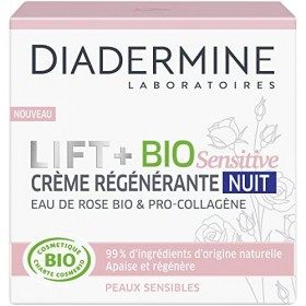 Diadermine – Lift + BIO Sensitive – Crème Régénérante Nuit – Soin du Visage – Peaux Sensibles – Eau de Rose BIO et Pro Collag...