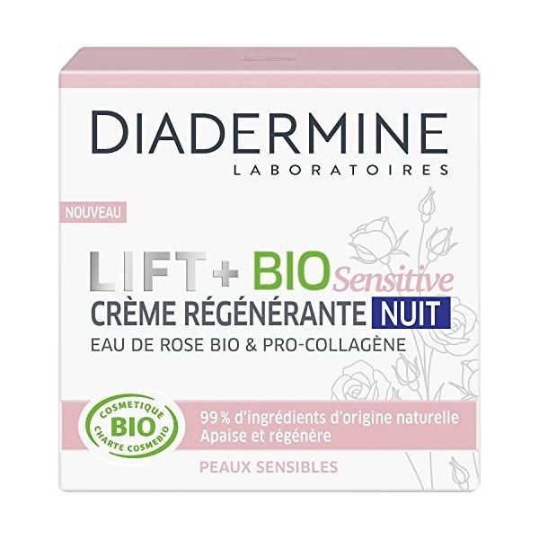 Diadermine – Lift + BIO Sensitive – Crème Régénérante Nuit – Soin du Visage – Peaux Sensibles – Eau de Rose BIO et Pro Collag...