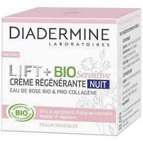 Diadermine – Lift + BIO Sensitive – Crème Régénérante Nuit – Soin du Visage – Peaux Sensibles – Eau de Rose BIO et Pro Collag...