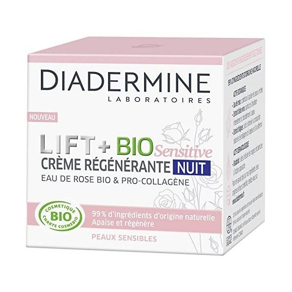 Diadermine – Lift + BIO Sensitive – Crème Régénérante Nuit – Soin du Visage – Peaux Sensibles – Eau de Rose BIO et Pro Collag...
