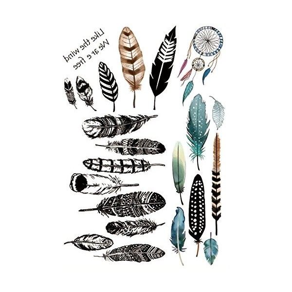 Tatouages plumes multicolores et noirs aquarelles Flash Attrape-rêves 79