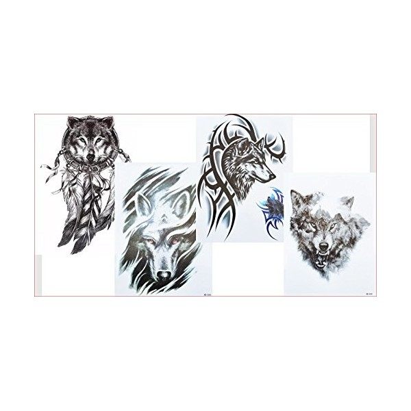 Lot de 4 faux tatouages pour bras, motifs de loup, noir, 4 tatouages de 20 x 15 cm