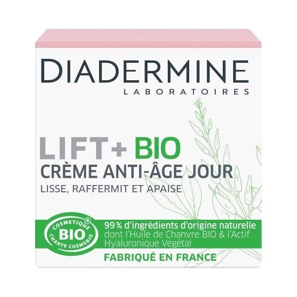 Diadermine - Lift+ Bio - Crème Visage Anti-Âge Jour - Lisse, Raffermit et Apaise - 99% dingrédients dorigine naturelle - So C...