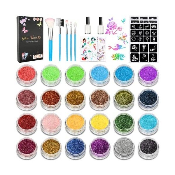 Kit Tatouage Paillettes, Wodovia 24 Couleurs Tatouages Temporaires Maquillage mit 105 Pochoirs, Non-toxique Kit Maquillage de