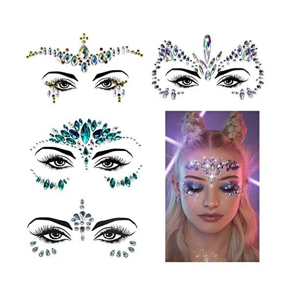 4 Ensembles de Gemmes de visage,Strass Visage Autocollant,Paillettes Temporaire Tatouage Visage Cristaux et Pierres Précieuse