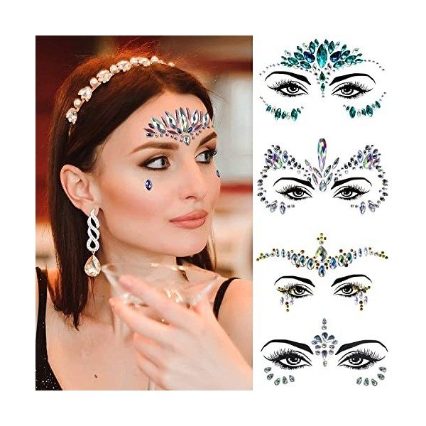 4 Ensembles de Gemmes de visage,Strass Visage Autocollant,Paillettes Temporaire Tatouage Visage Cristaux et Pierres Précieuse