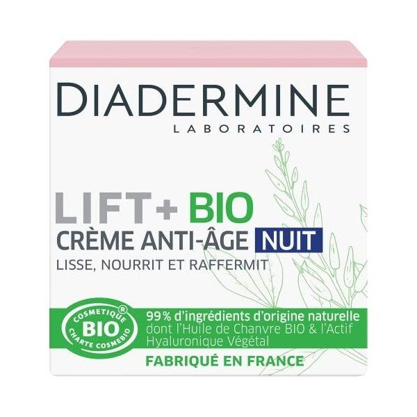 Diadermine - Lift+ Bio - Crème Visage Anti-Âge Nuit - Lisse, Raffermit et Apaise - 99% dingrédients dorigine naturelle - So C...