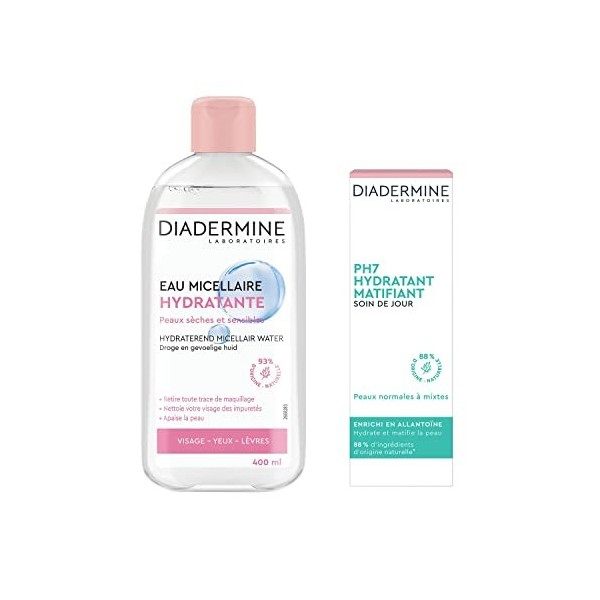 Diadermine - Routine Visage: Eau Micellaire Hydratante Visage + Crème de Jour PH7 Hydratante Matifiante Crème Jour et Nuit