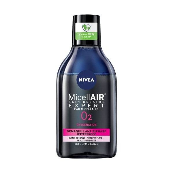 NIVEA MicellAIR SKIN BREATHE Expert Démaquillant Biphase 1 x 400 ml , nettoyant visage & yeux sensibles, démaquillant waterp