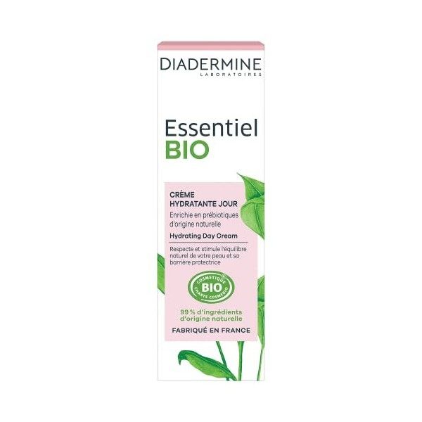 Diadermine - Essentiel Bio - Crème Visage Hydratante Jour - Enrichie en Prébiotiques dOrigine Naturelle - Certifiée Bio - 99