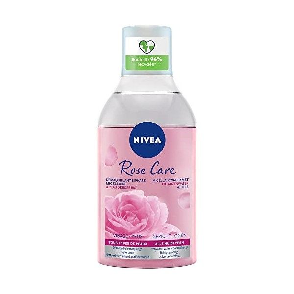 NIVEA Skin Breathe Démaquillant Biphase Micellaire Eau de Rose 400 ml, nettoyant visage tonifiant et purifiant, démaquillant 