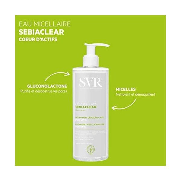 SVR - Eau Micellaire Anti-Imperfection Sebiaclear - Soin Purifiant, Nettoyant & Démaquillant Visage - Même Waterproof - Pour 