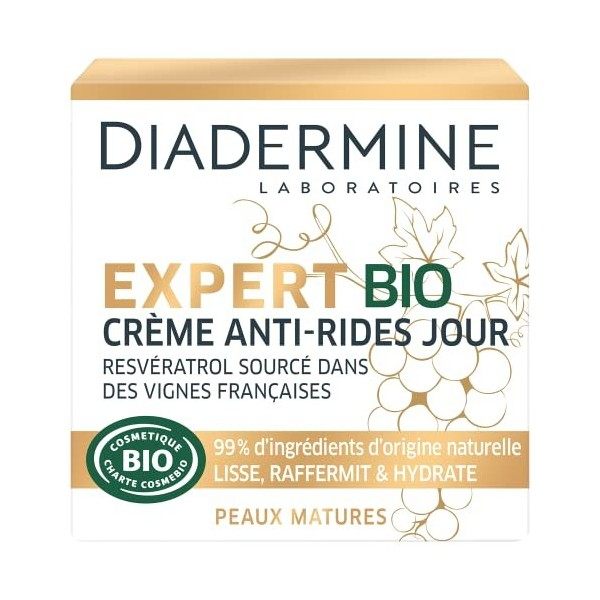 Diadermine Expert Bio Crème Visage Anti-Rides Jour, Resvératrol et Extrait dAlgues, 50ml Crème Jour et Nuit