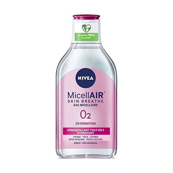 NIVEA MicellAIR SKIN BREATHE Eau Micellaire Peaux Sèches et Sensibles 1 x 400 ml , démaquillant 3 en 1 sans parfum ni colora