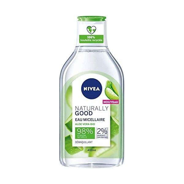 NIVEA NATURALLY GOOD Eau Micellaire à l’Aloe Vera Bio 400 ml, nettoyant visage aux ingrédients d’origine naturelle, soin visa