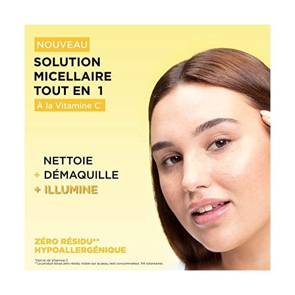 Garnier - Eau Micellaire Tout-en-1 - Enrichi en Vitamine C - Booster dEclat - Pour les Peaux Ternes en Manque dEclat - Sans