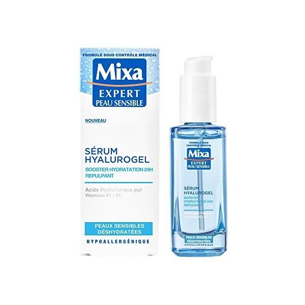 Mixa Expert Peau Sensible - Sérum Hyalurogel - Booster Hydratation 24h Repulpant - Acide Hyaluronique Pur, Vitamine B3 + B5 C...
