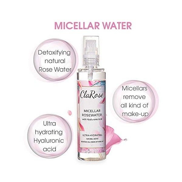 ClaRose - Eau micellaire enrichie en acide hyaluronique et en eau de rose vegan 100 % naturelle, 150 ml lot de 2 