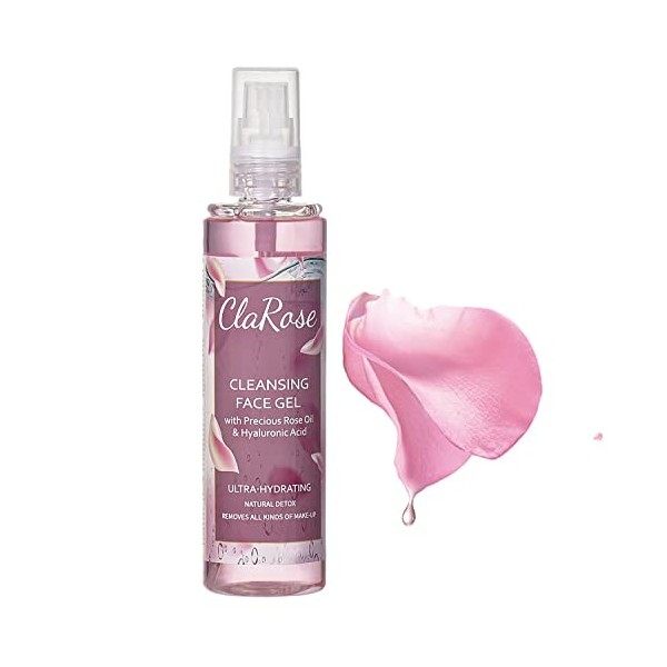 ClaRose Lot de 2 flacons de gel purifiant pour le visage, certifié vegan et enrichi en huile naturelle de rose et acide hyalu