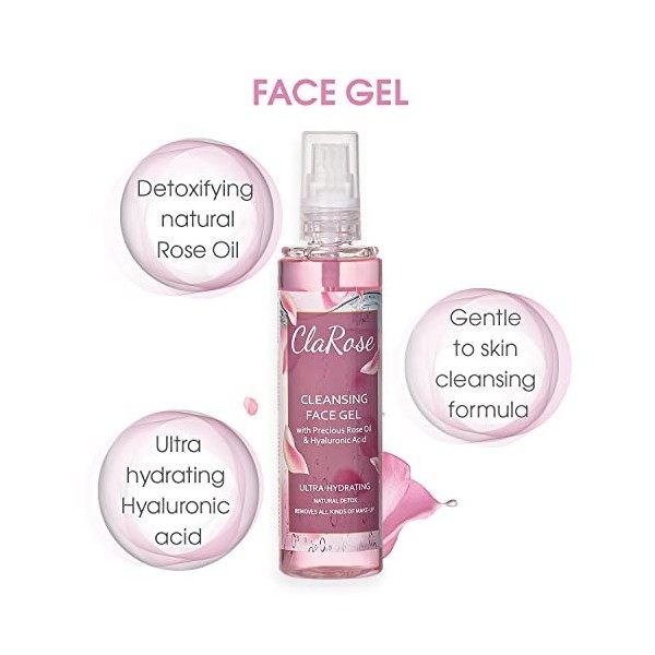 ClaRose Lot de 2 flacons de gel purifiant pour le visage, certifié vegan et enrichi en huile naturelle de rose et acide hyalu