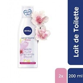 NIVEA Lait de Toilette Douceur Peaux Sèches 2 x 200 ml , lait démaquillant yeux, nettoyant visage à lHuile damande douce, 