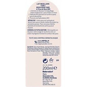 NIVEA Lait micellaire 2-en-1 Rose Care 1 x 200 ml , Lait démaquillant à l’Eau de Rose bio pour tous types de peau, Nettoyant