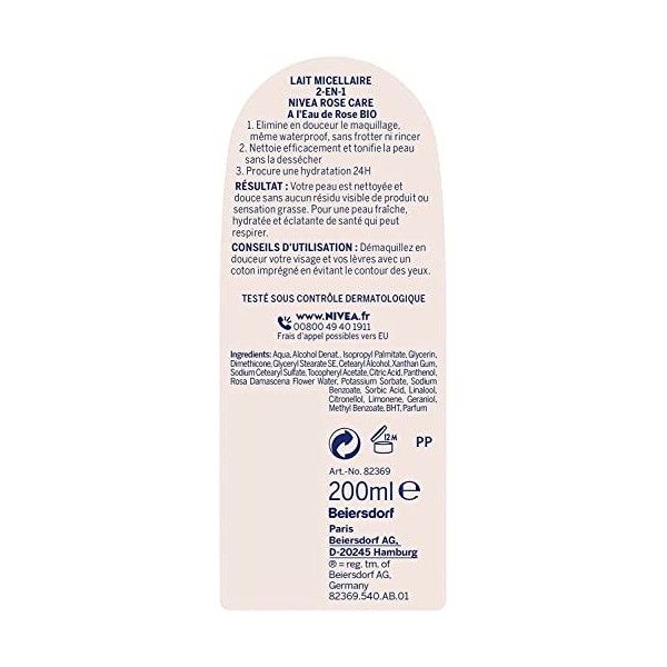 NIVEA Lait micellaire 2-en-1 Rose Care 1 x 200 ml , Lait démaquillant à l’Eau de Rose bio pour tous types de peau, Nettoyant