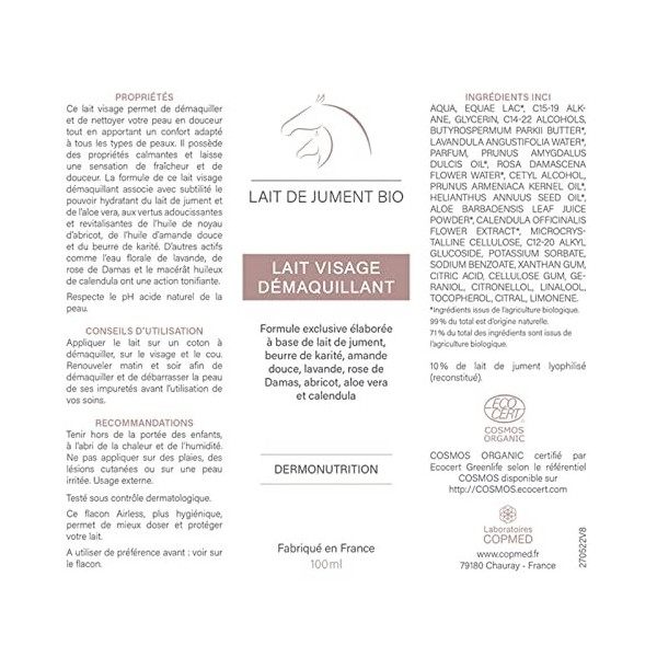 LABORATOIRES COPMED - Lait Visage au Lait de Jument Bio - Lait Hydratant, Adoucissant et Démaquillant - Tous Types de Peaux -