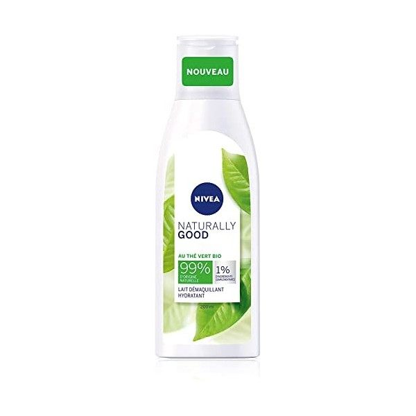 NIVEA NATURALLY GOOD Lait Démaquillant Hydratant 200 ml, Nettoyant visage enrichi en extraits de Thé Vert Bio, démaquillant w