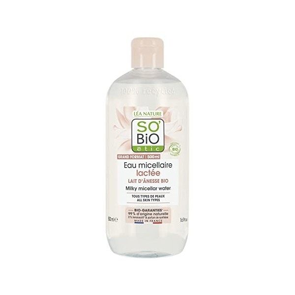 SOBiO étic - Eau micellaire lactée - Mon Lait dÂnesse - Tous types de peaux - Certifié Cosmebio - Flacon de 500 ml