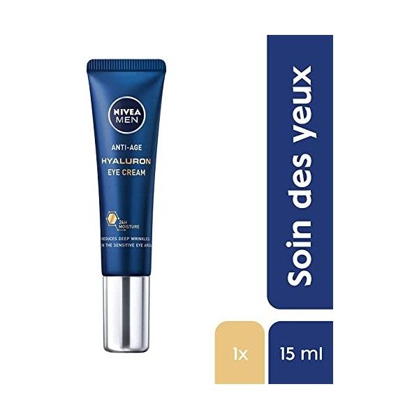 NIVEA MEN Soin Yeux Anti Age 1 x 15 ml , Soin contour des yeux hydratant à l’Acide Hyaluronique, Soin visage anti-rides et r ...