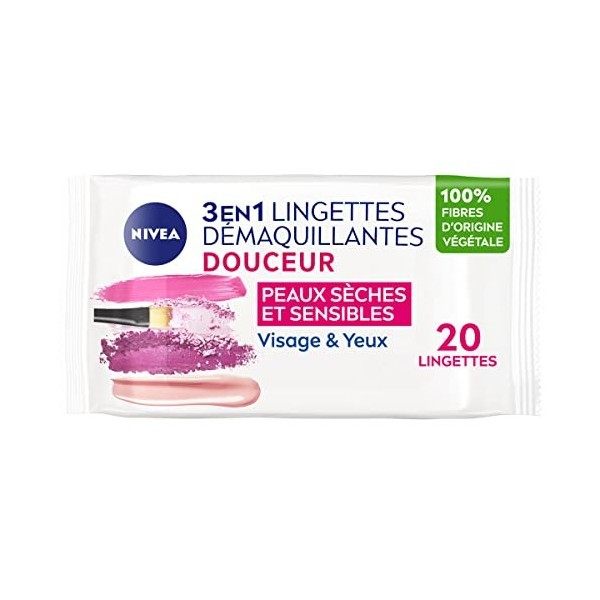 NIVEA Lingettes démaquillantes Douceur Peaux Sèches & Sensibles 100 % fibres végétales 6 x 20 pcs , démaquillant visage, yeu