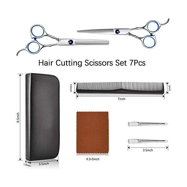 Ciseaux de Coiffure Professionnel，7 Pcs/Set Ciseaux de Coupe de Cheveux en Acier Inoxydable, Avec Pince à Cheveux et Peigne 6