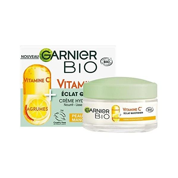 Garnier - Crème Hydratante Bio - Hydratation et Éclat Au Quotidien - Enrichi en Vitamine C et Agrumes - Pour les Peaux Sèches