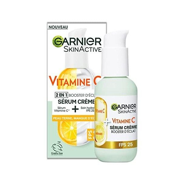 Garnier - Sérum Crème 2-en-1 - Hydratation & Éclat - Enrichi en Vitamine C - Pour les Peaux Ternes & Fatiguées - 50 ml Crème ...