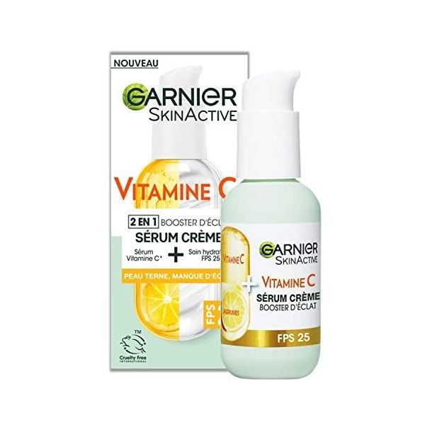 Garnier - Sérum Crème 2-en-1 - Hydratation & Éclat - Enrichi en Vitamine C - Pour les Peaux Ternes & Fatiguées - 50 ml