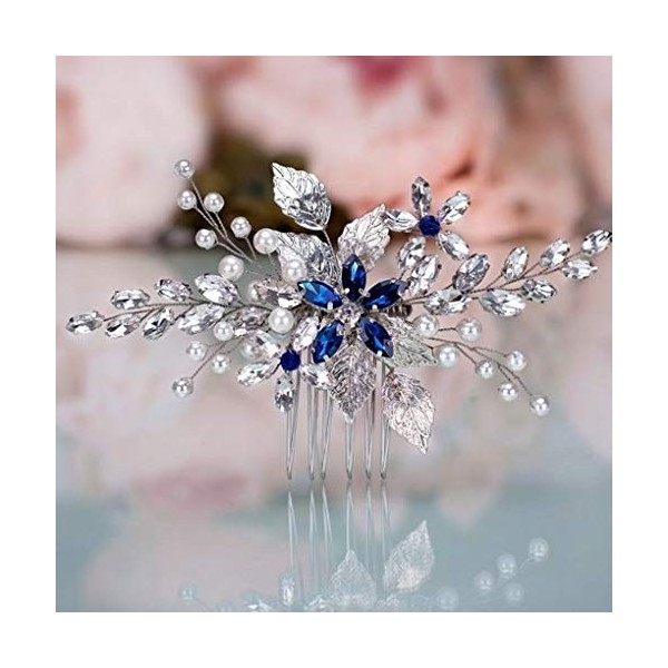 Olbye Wedding Hair Comb Blue Rhinestone Accessoires pour cheveux de bouleau et de perles Argenté