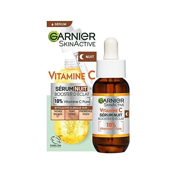 Garnier SkinActive - Sérum Nuit Booster dÉclat - Hydratant & Illuminateur - Formule Vegan Concentrée avec 10% de Vitamine C ...
