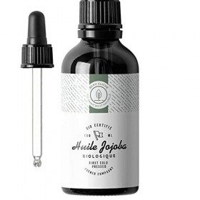 100ml huile de Jojoba Bio, Pressée à froid, Pure - Soin 100% Naturel pour Peau, Cheveux, Barbe - Bouteille en verre - Emboute...