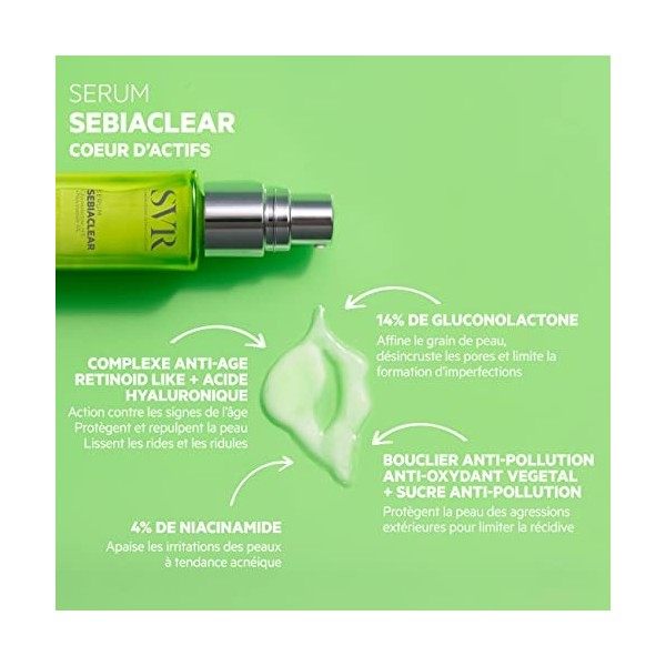 SVR - Sérum Sebiaclear - Anti-Imperfection & Anti-Ride + Bouclier Anti-Pollution - Formule Surconcentrée en Gluconolactone et...