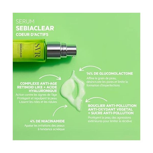 SVR - Sérum Sebiaclear - Anti-Imperfection & Anti-Ride + Bouclier Anti-Pollution - Formule Surconcentrée en Gluconolactone et