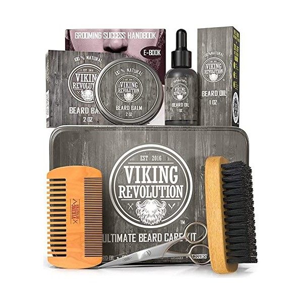 Viking Revolution Kit Barbe Homme - Inclus Brosse Barbe en Poils de Sanglier, Peigne Barbe en Bois, Baume Barbe & Huile Barbe