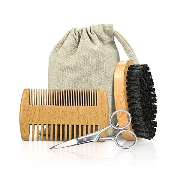 Kit de soins de barbe pour homme, brosse à barbe naturelle et peigne à barbe, ciseaux, papa, mari, ami, soin et garniture, ca