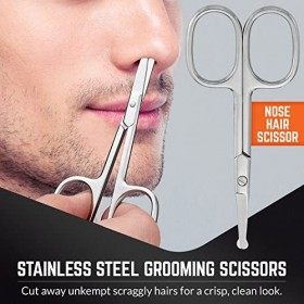 Ciseaux à Barbe en Acier Inoxydable - Kit de Toilette pour Entretien des Sourcils, Poils du Nez, Barbe & Moustache, Bout Arro