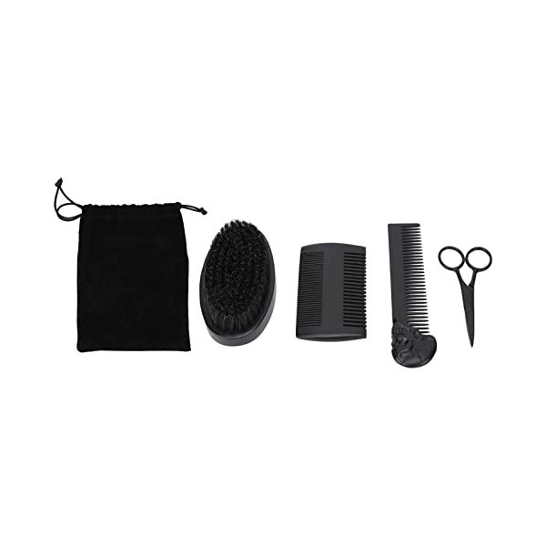 Kit de toilettage de barbe, brosse à barbe en poils de sanglier naturels et peigne ciseaux à moustache avec pochette à cordon